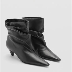 NEW MANGO MNG BLACK ASA SLOUCHY LEATHER KITTEN HEEL ANKLE BOOTS BOOTIE 37 6.5